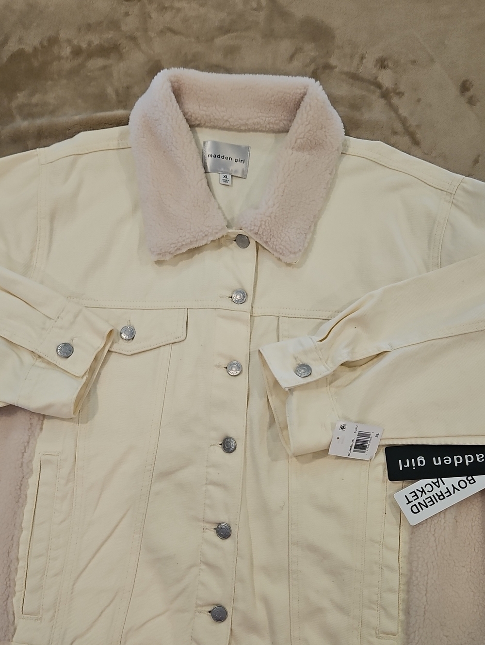 Madden Girl Cream Sherpa-Lined Denim Jacket